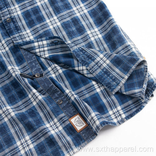 Men's Short Sleeve Denim Twill Plaid Shirt